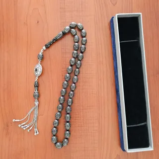 Erzurum Oltu Stone Prayer Beads - Silver Inlay