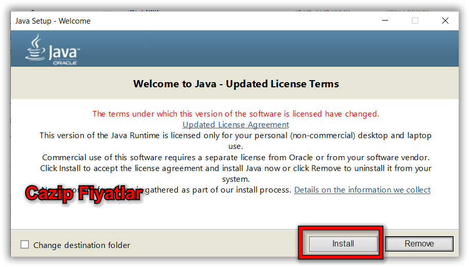 Java installation screen